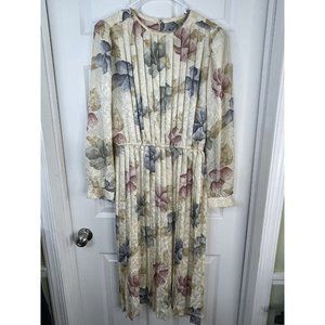 Vintage Lisa Michaels Floral Midi Long Sleeve Ribbed Pleated Dress 14
